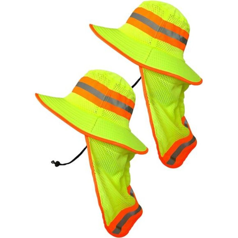 Men High Visibility Reflective Sun Hat with Neck Flap Wide Brim Hat Bucket Cap